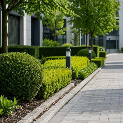 Professionelle Grünpflege mit gepflegtem Rasen, geschnittenen Hecken und sauberer Außenanlage für Gewerbeimmobilien